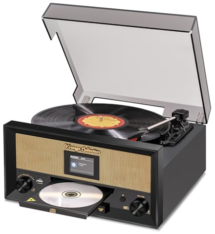 Tocadiscos 9 en 1 con altavoces estéreo duales integrados, reproductor de vinilo de 3 velocidades, reproductor de CD, radio DAB+ y FM, reproducción/grabación USB, entrada AUX, salida de línea RCA y