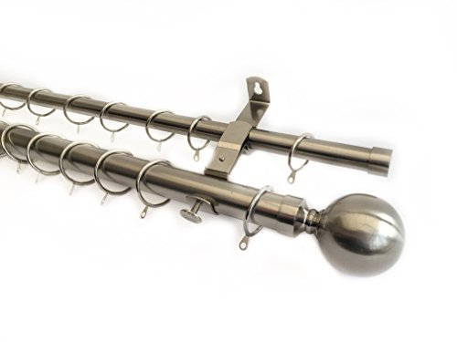 Your Home Online Double Layering Extendable Curtain Pole 28 / 19mm Rail Rod Brushed Chrome Brass (Brushed Chrome, 2m - 3m)
