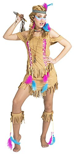 Das Kostümland Indianerin Kostüm Feather für Damen | Braun Pink - Indianerkostüm Lederoptik Theater Mottoparty Wilder Westen Western Native Federn Karneval Fasching Gr. 40 42
