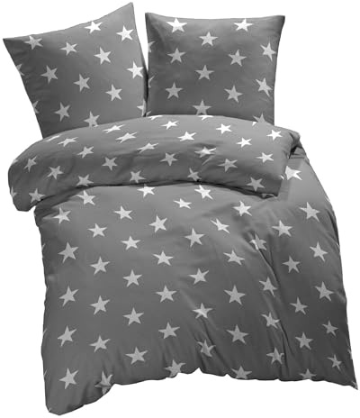 etérea Renforcé Bettwäsche 200x200 cm + 2X 80x80 cm Sterne Grau | 100% Baumwolle Renforcé · sanft-glatt & superweich · ganzjahres-geeignet · 60°C waschbar · MADE IN GREEN by OEKO-TEX