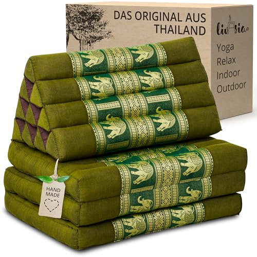 livasia Thai cushion with 3 seat rests - 69x22x3.1″ - Thai silk, Triangle cushion with folding mattress, Back support cushion, folding, Thai mat, Hand made with kapok (Green/Elephants, Silk)