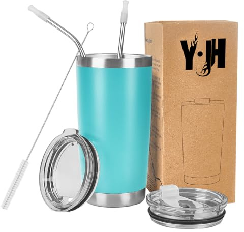 Y·J&H 20oz (550ml) Travel Tumbler Double Wall Vacuum Insulated Coffee Mug Stainless Steel Coffee Cup with 2 Splash Proof Lid, 2 Straws & Free Cleaning Brush, BPA Free - Turquoise