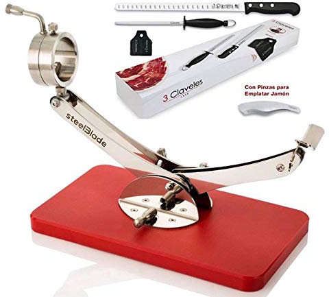 Hidalgo Soporte JAMONERO STEELBLADE INOX con Base de Polietileno Rojo + Set Cuchillo JAMÓN,CHAIRA y Pinza 3 CLAVELES +Regalo Cubre JAMÓN.