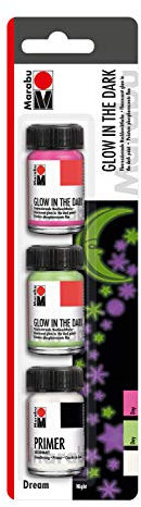 Marabu 1273000000201 - Fluoreszierende Nachleuchtfarbe Glow in the Dark Set Dream 3 x 15 ml, auf Wasserbasis, wischfest und bedingt lichtecht, zum Pinseln, Spachteln und Schablonieren