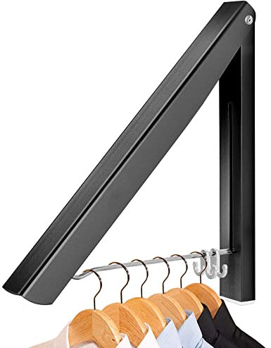 LIVEHITOP Foldable Clothes Rack Wall Mounted, Clothes Airer Coat Hanger Dryer Aluminum Hanging Rod Clothing Organiser for Laundry Bedroom Balcony (Black)