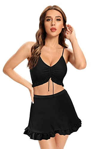 SHEKINI Mujer Trajes de Baño Dos Piezas Cuello Baja Ajustable Cordón Tankini Top Halter Bañador con Dobladillo de Volantes Falda de Natación