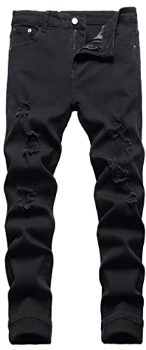 JUNBAOSS Men's Slim Fit Black Stretch Destroyed Ripped Skinny Denim Jeans Men's Stretch Biker Ripped Jeans with Zipper Straight Fit Denim Pants Fashion Mens Slim Fit Skinny Denim Jeans