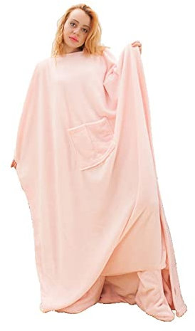 FUHU-SJZ Decke Kuscheldecke mit Ärmeln und Fußtasche, Flanelle Ganzkörperdecke mit Taschen, Waschbar Leicht Zu Pflegen mit TV-Decke,für Lounge-Stuhl Couch (Color : Pink, Size : 123 * 212CM)