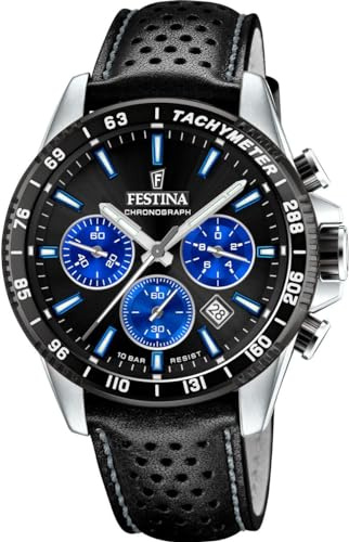 Festina Herrenuhr Analog aus Edelstahl und Leder Schwarz F20561/6 | Quarzwerk, Chronograph, Kalender, Widerstandsfähiges Mineralglas