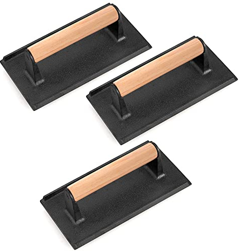 Leonyo 3Pcs Cast Iron Grill Press, Heavy Duty Bacon Press with Wood Handle, Pre-Seasoned Burger Smasher for Griddle Cooking, Meat, Burger, Bacon, Steak, Panini, Sandwich, Rectangle (8.2X4.3)