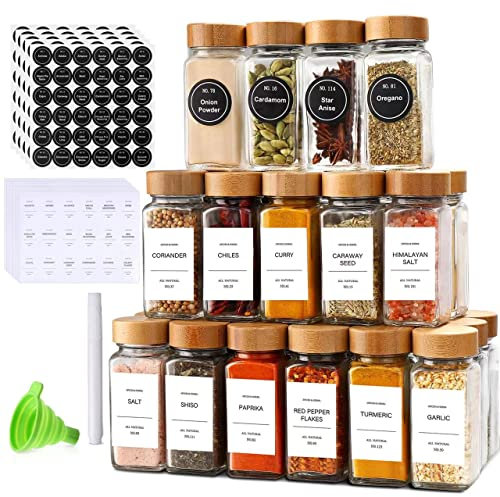 ZASTION DIMBRAH 4oz 24Pcs,Glass Spices Container Set with White Printed Labels,Kitchen Empty Jars with Shaker Bamboo Lids