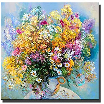 LCDIUDIU Acrylbilder, Bunte Textur Gänseblümchen Wildblumen Blumenvase Blumenstrauß Abstrakt Modern Handgemalte Ölgemälde Auf Leinwand Für Familie Wand Wohnzimmer Esszimmer Home Art Deco