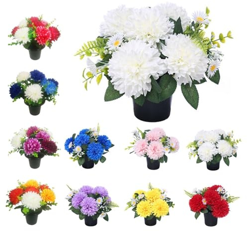 Chrysanthemum & Daisy Grave Flower Pots | Artificial Flowers For Graves | Cemetery Funeral & Floral Decorations | Grave Flowers | Long Lasting Design & Quality (White Chrysanthemum & Daisy)