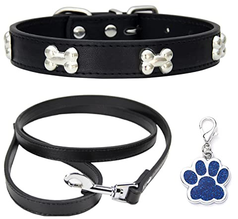 HALFSUMO Hundehalsband Leder Halsband Hundeleine Combo Set Hundehalsbänder Verstellbares Welpenhalsband für Kleine Mittelgroße Hunde Katzen Schwarz XS