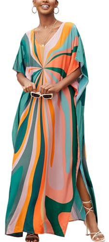 IMAGEKOPE Moroccan Print V-Neck Batwing Kaftan Women's Plus Size Loose Fit Beach Dress Bathing Suit Cover Up Loungewear