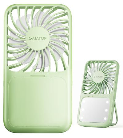 gaiatop Portable Handheld Fan, Folding Stand for Desktop, 3 Speed LED Makeup Mirror with Light, Rechargeable Mini Personal Fans Small Travel Essentials Gifts for Women Girls Green