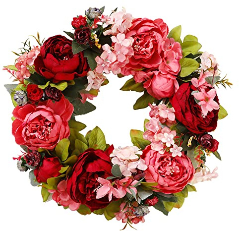 Corona de Puerta de Entrada de 15.7 Pulgadas, Corona de Flores Artificiales para Puerta de Entrada, Corona de Flores de Peonía Sintética, Corona Floral de Pared de Colores Brillantes para(Rojo)