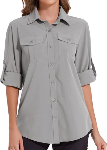 Tuopuda Blusa de Manga Larga para Mujer con Cuello en V Suelta Camisa de Secado Rápido con Bolsillos,UPF 50+Protección UV Informal Top Deportivo para Safari,Camping,Viajes