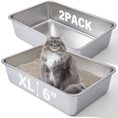 FUTAM Stainless Steel Litter Box 2 Pack, 23.6“x15.7x6 Deep Stainless Steel Cat Litter Box Extra Large, XL Metal Litterbox for Big Cats with High Sides, Non Stick Surface, Easy to Clean