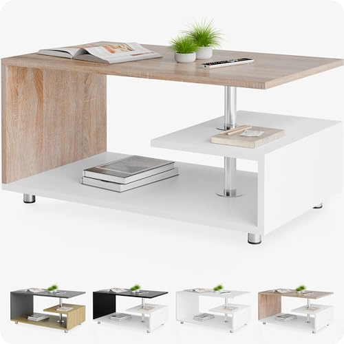 CASARIA® Mesa de Centro de Madera Roble Blanco Almacenaje 95x55cm Pies de Acero Inoxidable Estante Ajustable en Altura Mesa Auxiliar Rectangular Moderna Sala de Estar Sofá Mesa de Sofá