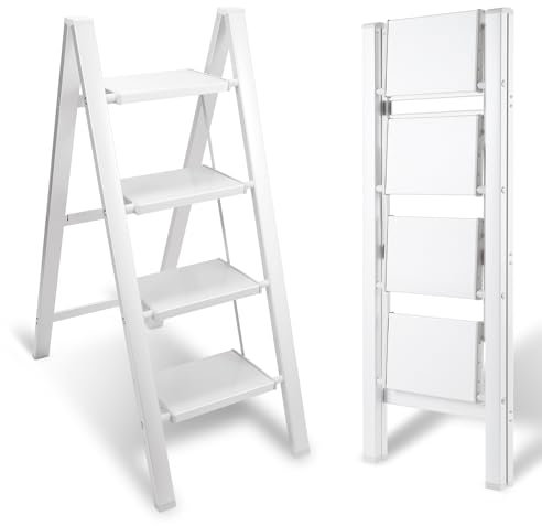 Eulenke Échelle pliante en aluminium - 4 marches - Légère - Escabeau en aluminium - 4 marches - Pliable - Antidérapante - Protection contre le pliage - Pour la maison, la cuisine - Charge maximale 150