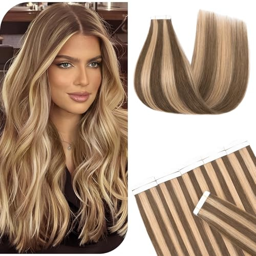 Benehair Tape in Extensions Echthaar, 50CM Tape in Haarverlängerungen, Invisible Echthaar Extension mit Tapes, Seidig Glatte Echthaars Extension, 10Pcs 25g Kaltes Braun Gemischt Hellbraun #4AP27A
