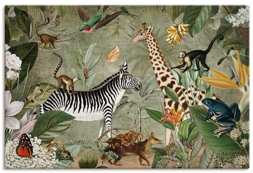 ARTLAND Wanddeko Leinwand Bilder Wandbild 60x40 cm Tiere exotische Pflanzen Blumen Zebra Giraffe Dschungel Afrikas Vintage U5GZ