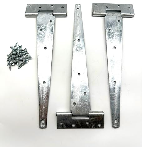 3PK Heavy Duty Hot Dipped Galvanised Tee Hinges with Fixings. Strong T-Hinges for Garden Gates, Sheds and Doors. Corrosion and Weather Resistant External Hinge Pack of 3 with Screws.