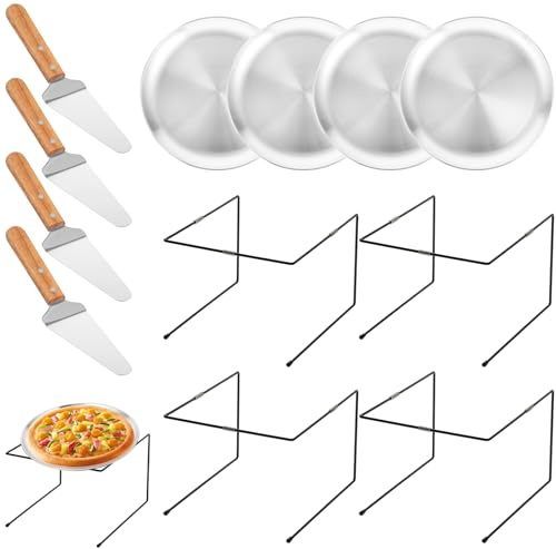 Sibosen 12 Pcs Pizza Pan Tray Riser Display Stand Sets Includ 4 Metal Table Stands and 4 Pizza Pan and Wood Handle Pie Server 30cm for Holiday Party