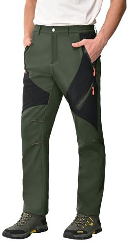 Pantaloni Trekking Uomo Invernali Impermeabile Pantaloni da Neve Softshell Foderati in Pile Pantaloni per attività All'aperto Pantaloni Softshell Sci Termici Impermeabile Grigio-Green+Black-3XL