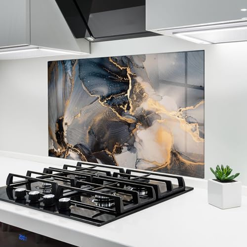 ARTHUB® Küchenrückwand aus Glas 50x70 cm, 4mm ESG | Spritzschutz, Glasplatte, Herdspritzschutz, Wandschutz für Herd, Hartglas, Abstrakte, Marmor, Golden Abstract Marble