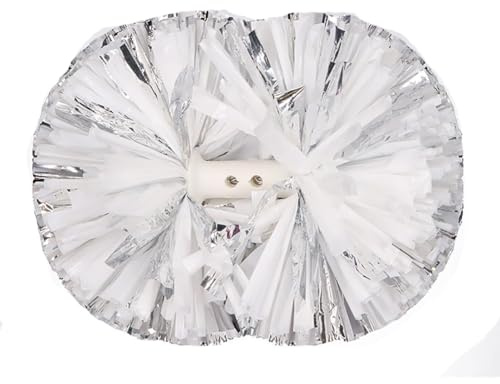 Pmnzdy Professionelle Cheerleading-Pompon 2 Stück 5-inch Cheerleader Pompoms Matten&Metallischen Pom Poms Handblumen mit Handle Tanzpompons für Wettbewerbe & Shows Cheerleader Tanzgruppen weiß