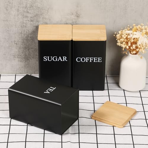 BAODBF 3-delad kaffeburkssats, kaffe socker teburk med tätning bambulock, sockerburkar köksburkset, för kaffe, te och socker förvaringsburkar (svart)