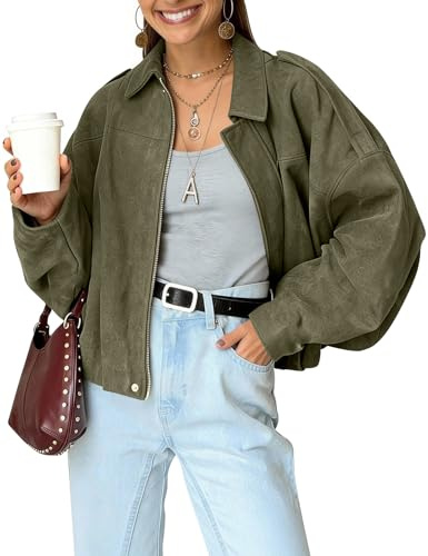 Kissonic Giacche oversize da donna in finta pelle scamosciata bomber con risvolto pilota corto cappotto casual per abbigliamento streetwear capispalla, Verde, Medium