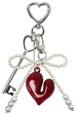 Bogen Schlüsselanhänger Perlen Rot Herz Schlüsselanhänger Damen Bag Charms Key Chain Taschenanhänger Cute Keychain Aesthetic Rucksack Anhänger für Taschen Autoschlüsselanhänger Schlüssel Anhänger