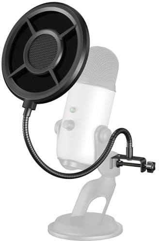 Aokeo Protection anti-pop pour microphone, filtre Wind Pop à trois couches, avec arceau en fonte flexible à 360° et bras stabilisateur pour tous les microphones