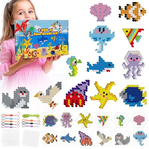 Set di perline da stirare grandi da 10 mm, 20 colori, 1200 pezzi, XL con 2 piastre, 12 motivi di animali marini, 8 cordini e 5 fogli da stiro, regalo creativo fai da te per bambini dai 3 anni in su