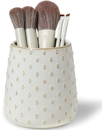 QUXIJA Ceramic Makeup Brush Holders, Farmhouse Bathroom Vanity and Countertop, Brushes Cup for Bathroom Cosmetics, Lipsticks, Vanity Desktop Storage (Vintage White)