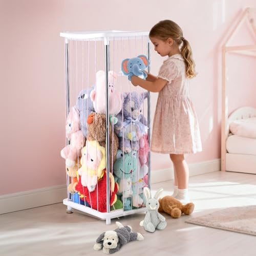 DOCEPERT Stuffed Animal Storage,PP Plastic Cute Soft Toy Storage for Boys Girls,Easy to Assemble and Use Space Saving Plush Toy Storage for Teddy with Pink Elastic Ropes for Bedroom&Nursery Playroom