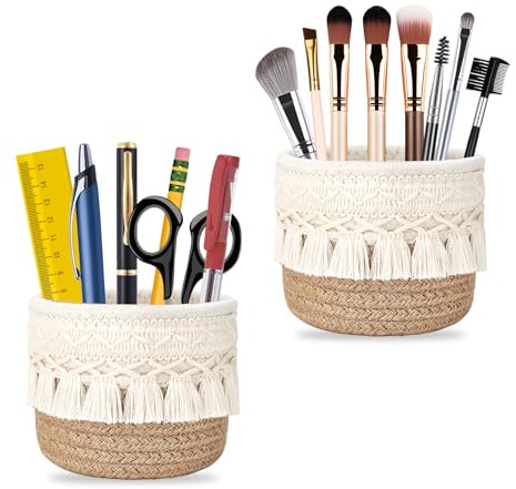 2 stycken makramé-sminkborsthållare 10 × 10 cm, boho kosmetisk borsthållare, miniförvaringskorg, penselhållare kosmetika, penselförvaring för att organisera sminkborstar och skrivmaterial