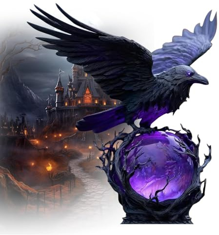 Raven's Moonlight Gothic LED-Lampe - Rabe auf leuchtender Kugel mit violettem Licht, Fantasie-Heimdekoration, einzigartiges Geschenk für Gothic-Sammler, Halloween-Enthusiasten und Buchliebhaber (#B)