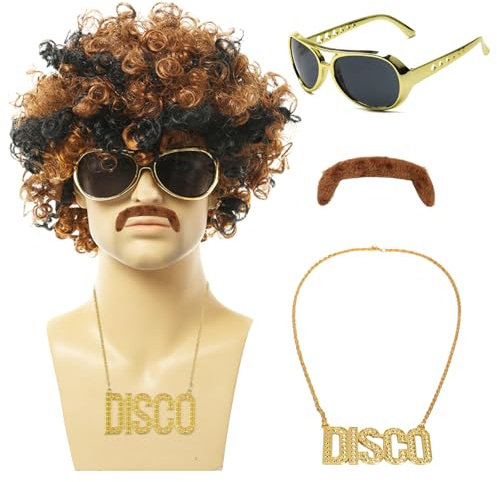 MLPKOI 4 Pcs Parrucca Uomo, Set di Costumi Hippie, Parrucca Afro Funky, Occhiali Sole, Collane e Baffi Finti, Accessori Hippy Hippie Costumi, Anni '70 '80 da Discoteca per Feste, Carnevale, Halloween