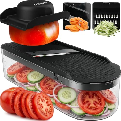Fullstar (Essential Series) Mandoline Vegetable Slicer for Kitchen - 2 Stainless Steel Blades - Space-Saving Veg Slicer & Julienne Cutter - Dishwasher Safe, BPA-Free (Essential 2-in-1, White) | 2 in 1 Compact Fruit Cutter, Cucumber Slicer & Cheese Grater, with Stainless Steel Blades, Guard & 3-Cup Container (Black)