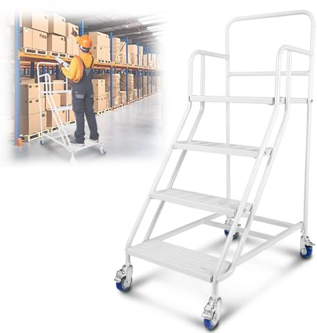 NBYTLT 4-Steps Rolling Stairs with Wheels, 24 * 40 * 59 Inch Rolling Steps Ladder Industrial Mobile Stairs, 880 Lbs Capacity, Heavy Duty Industrial Safety Non-Slip Metal Rolling Ladders for Warehouse