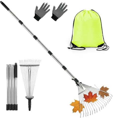 Spetsbst Laubbesen Edelstahl, 218cm Gartenrechen Verstellbar | Rechen Garten mit Stiel, Laubrechen 18 Zinken Laubsammler Rasenrechen mit Aufbewahrungstasche Handschuhen