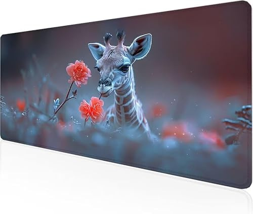 Musmatta giraff spelmusmatta blomma stor skrivbordsmatta 900 x 400 x 3 mm, arbete från hem väsentligheter halkfri gummibas specialstruktur vattentålig yta slitstark skrivbord matt för laptop Y1-797