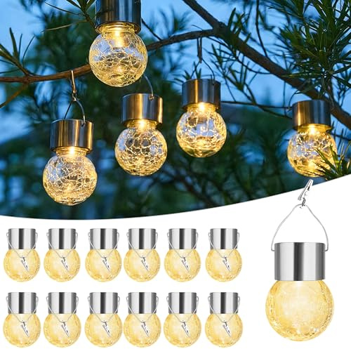 Outdoor Solar Lanterns,Solar Globe Lights Waterproof Hanging Decorative Cracked Glass Balls Light Up Ornaments for Shepherd Hook Tree Umbrella Fence Garden Yard Decor 12 Pack (Warm White)