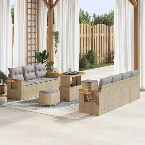 QUAHEAS Trädgårdssockset 13 delar, beige/ljusgrå poly-rotting med kudde, modulär utomhus loungesoffa för terrass och trädgård, UV-beständig, akaciaträ accenter