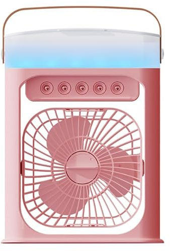 Aire Acondicionado Portátil 4 en 1, Mini Aire Acondicionado, USB Ventilador con Velocidades, Nebulización, 7 Colores LED, Temporizador, Enfriador de Aire para Camping, Oficina (Rosa)