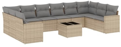 Mhdvray 11-TLG. Garten-Sofagarnitur Beige Poly Rattan 62x62x69 cm Eckmodul & Mittelsofa mit Stauraum und Glas-Tisch für Terrasse Balkon Garten loungesofa Outdoor